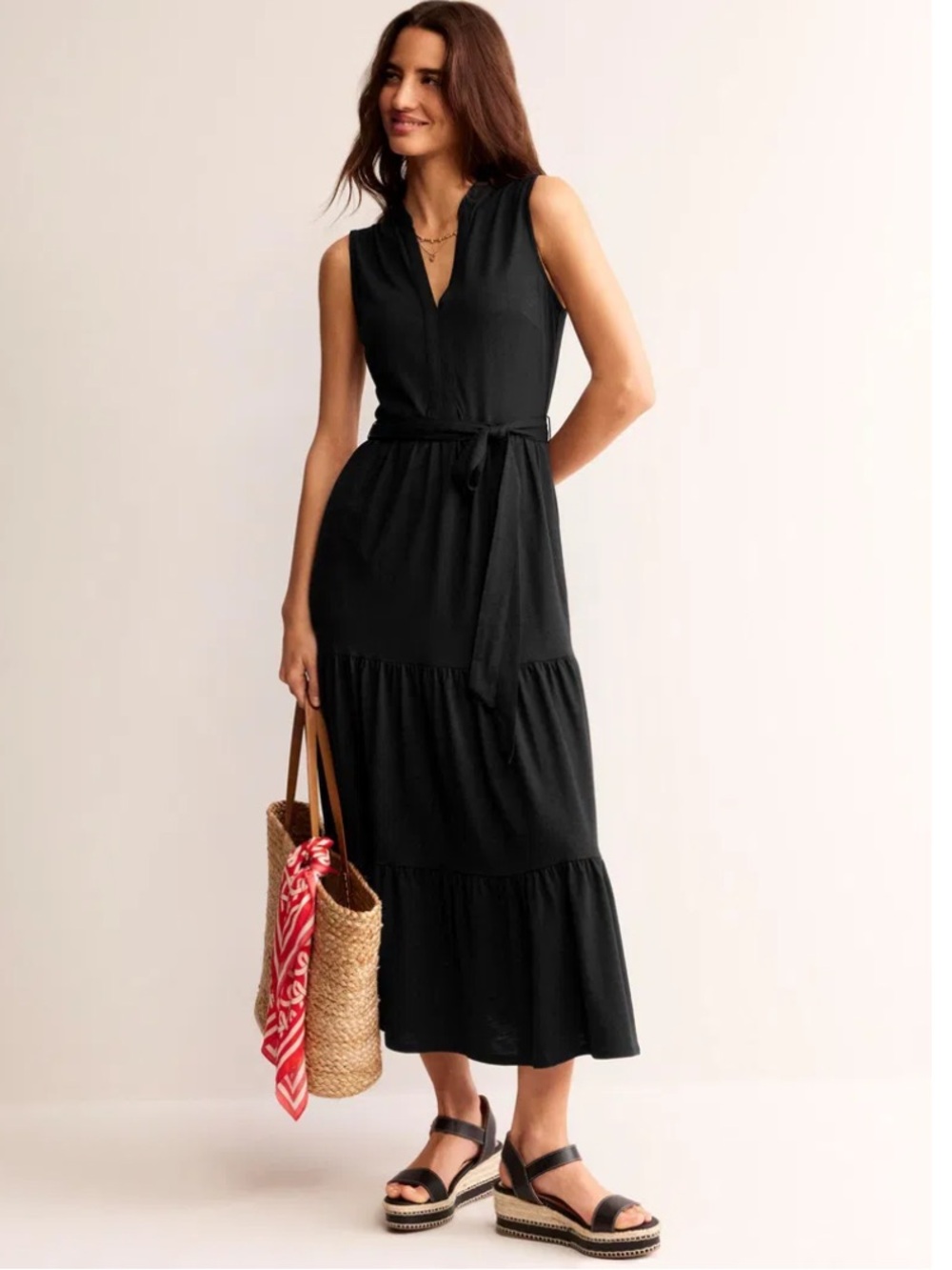 Boden Naomi Notch collar maxi dress sleeveless black pockets size 16/18